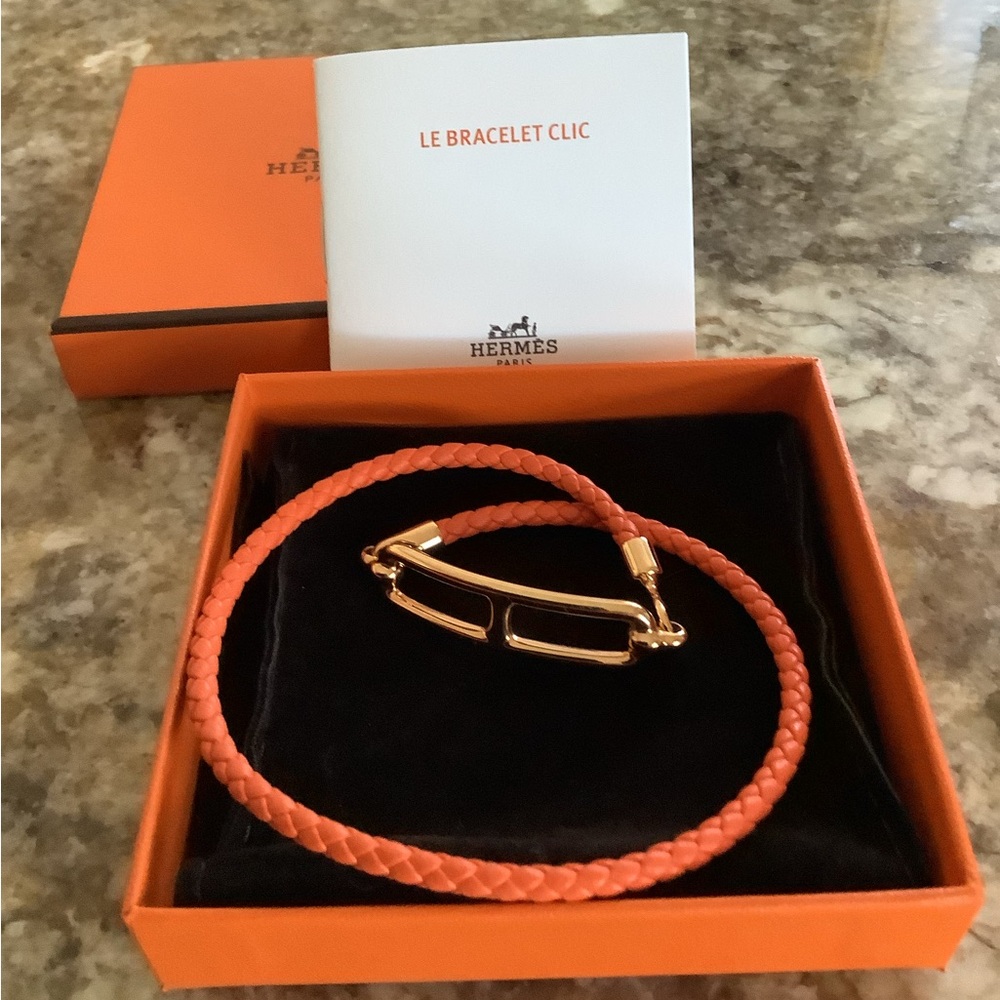 Hermes orange braided double wrap bracelet